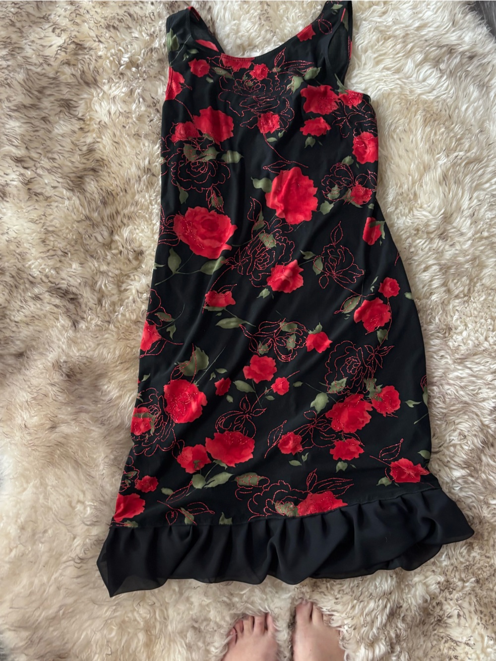 Vintage: up front: Black Market Black Floral dress with Red and Green Accents